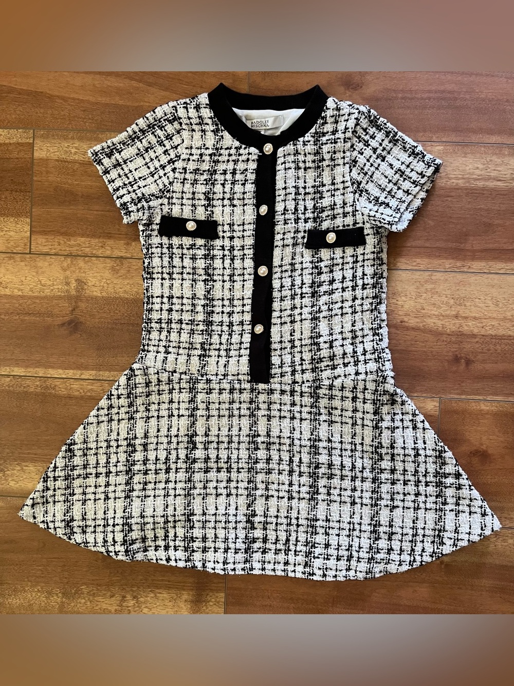 Badgley Mischka Girls Black and White Tweed Button-Front Dress